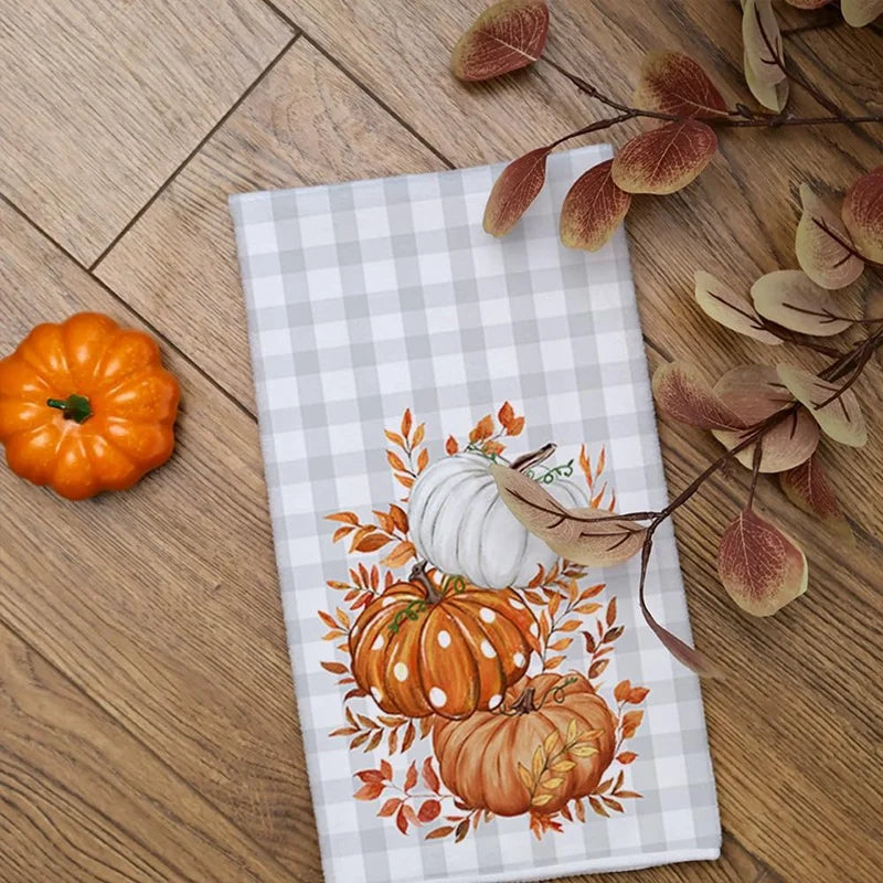 2PCS Fall Kitchen Towels Set of 2 Orange Pumpkin Grey Check Towels Drying Dishcloth Farmhouse Home Decor